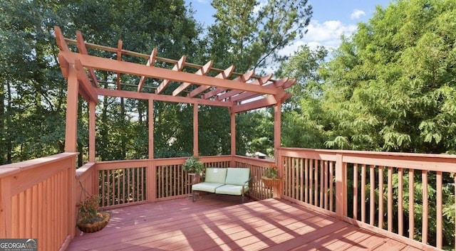 475 Cascade Rise Ct, South Fulton, GA 30331 - wooden deck featuring a pergola, an outdoor living space, and view of wooded area