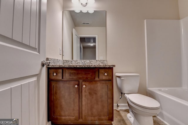 5831 Taka Ln, Lithonia, GA 30038 - bathroom featuring toilet, vanity, baseboards, shower / bath combination, and tile patterned floors