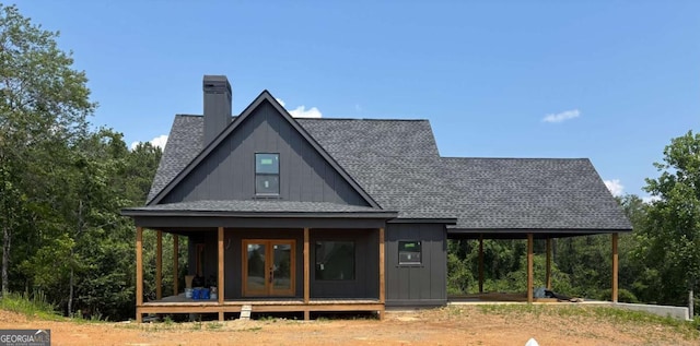 269 Old Orchard Rd, Ellijay, GA 30536 - rear view of property with french doors, board and batten siding, a chimney, and a shingled roof