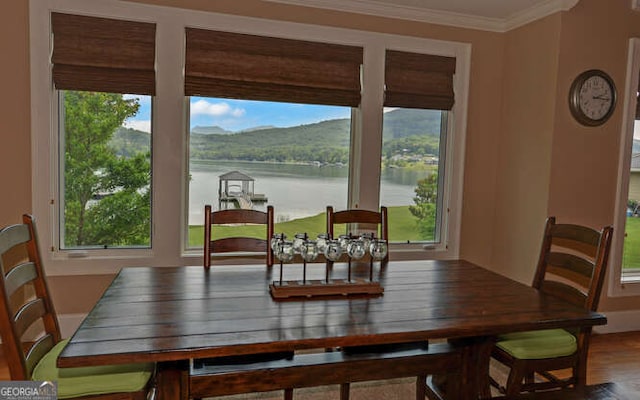 2156 Mockingbird Ln, Hiawassee, GA 30546 - dining area featuring ornamental molding, plenty of natural light, and a water view