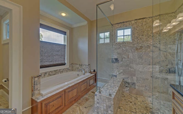 2156 Mockingbird Ln, Hiawassee, GA 30546 - full bath featuring a garden tub, a shower stall, and crown molding