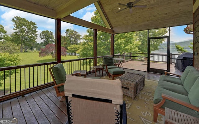 2156 Mockingbird Ln, Hiawassee, GA 30546 - sunroom / solarium featuring a ceiling fan, an outdoor living space, a water view, healthy amount of natural light, and lofted ceiling