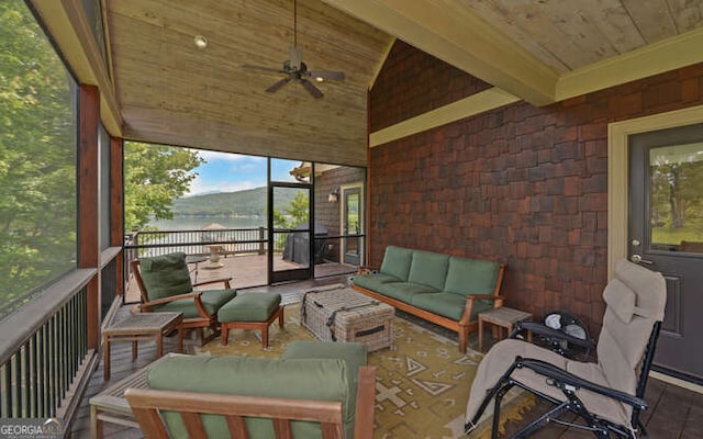2156 Mockingbird Ln, Hiawassee, GA 30546 - sunroom featuring outdoor lounge area, a water view, ceiling fan, and lofted ceiling