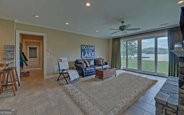 2156 Mockingbird Ln, Hiawassee, GA 30546 - living room with ceiling fan, recessed lighting, ornamental molding, a fireplace, and baseboards