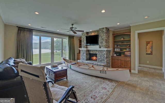2156 Mockingbird Ln, Hiawassee, GA 30546 - living room with a fireplace, crown molding, a ceiling fan, recessed lighting, and baseboards