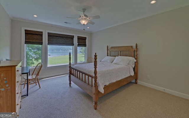 2156 Mockingbird Ln, Hiawassee, GA 30546 - carpeted bedroom with baseboards, recessed lighting, crown molding, and ceiling fan