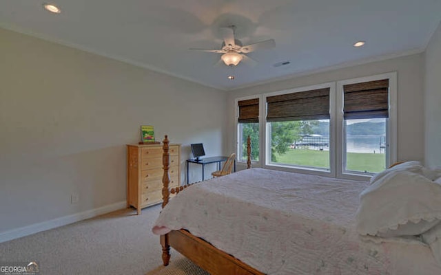 2156 Mockingbird Ln, Hiawassee, GA 30546 - bedroom with ornamental molding, baseboards, light colored carpet, recessed lighting, and a ceiling fan