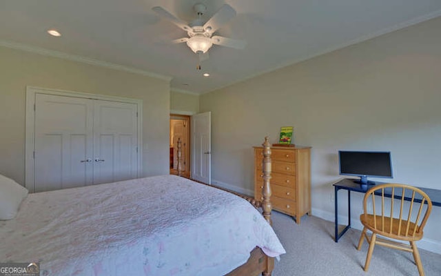 2156 Mockingbird Ln, Hiawassee, GA 30546 - bedroom with light carpet, baseboards, crown molding, a closet, and recessed lighting