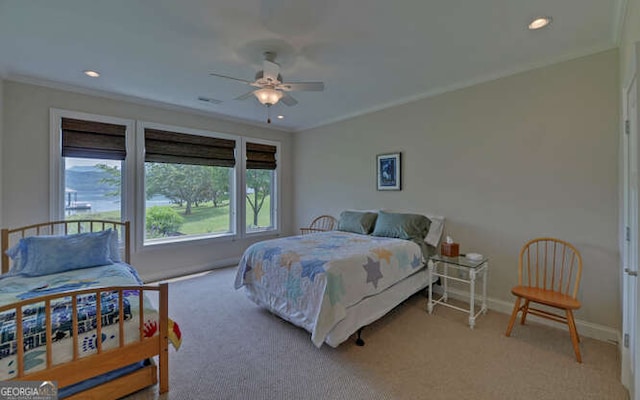 2156 Mockingbird Ln, Hiawassee, GA 30546 - carpeted bedroom featuring baseboards, crown molding, recessed lighting, and a ceiling fan