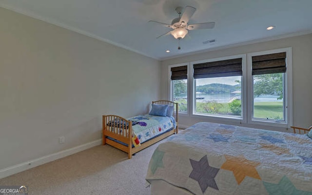 2156 Mockingbird Ln, Hiawassee, GA 30546 - carpeted bedroom featuring baseboards, crown molding, recessed lighting, and ceiling fan