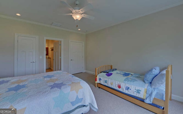 2156 Mockingbird Ln, Hiawassee, GA 30546 - carpeted bedroom featuring baseboards, ornamental molding, recessed lighting, and ceiling fan