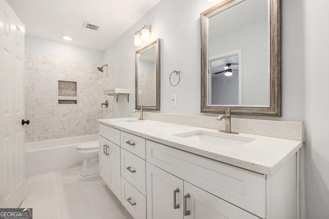 300 Windsor Chase Trl, Johns Creek, GA 30097 - full bathroom featuring double vanity, toilet, shower / tub combination, and a ceiling fan
