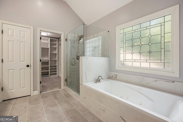 300 Windsor Chase Trl, Johns Creek, GA 30097 - bathroom with a stall shower, a tub with jets, a spacious closet, and lofted ceiling