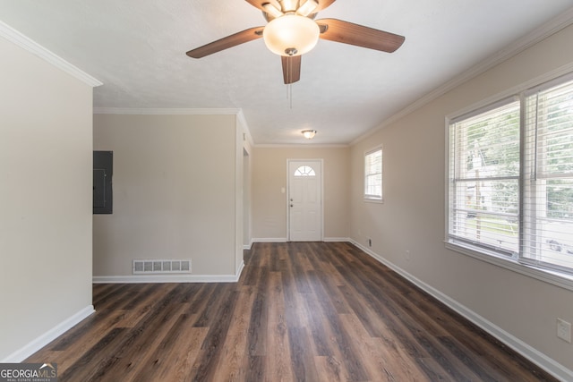 933 Capitol View Ave NW, Atlanta, GA 30318 - foyer featuring dark wood-style floors, electric panel, ceiling fan, and ornamental molding