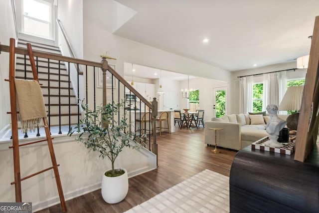 160 Winner St, Acworth, GA 30102 - living area featuring wood finished floors, stairway, and recessed lighting