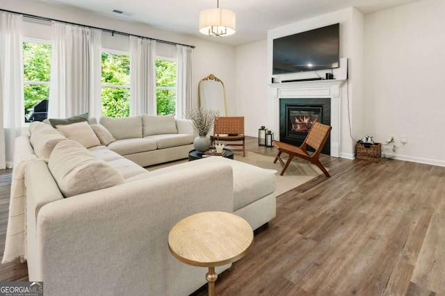 160 Winner St, Acworth, GA 30102 - living area featuring wood finished floors, healthy amount of natural light, a glass covered fireplace, and baseboards