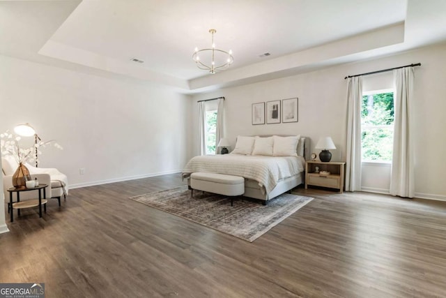 160 Winner St, Acworth, GA 30102 - bedroom with a tray ceiling, a chandelier, wood finished floors, and baseboards