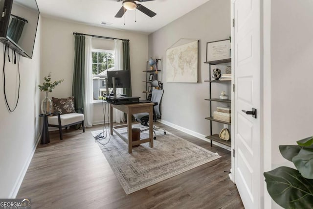 160 Winner St, Acworth, GA 30102 - office area featuring a ceiling fan, dark wood-style floors, and baseboards