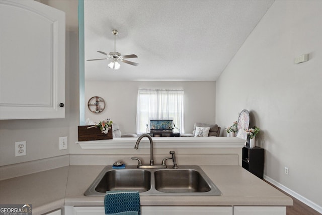 903 Teepee Way, Statesboro, GA 30461 - kitchen with a sink, light countertops, ceiling fan, white cabinets, and a textured ceiling
