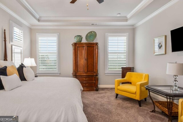 1604 Falcon Ct, Locust Grove, GA 30248 - bedroom with a tray ceiling, carpet flooring, multiple windows, and ornamental molding
