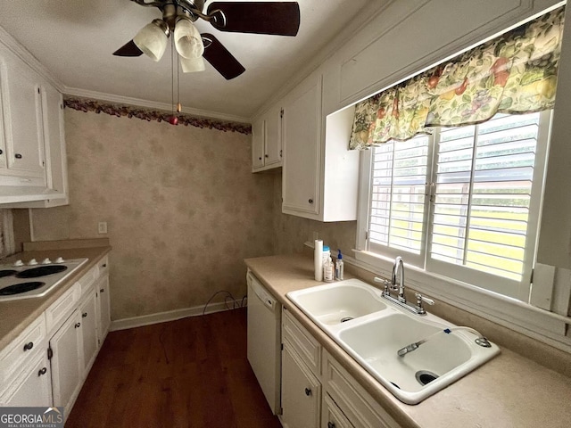 2972 Clairmont Ave, Macon, GA 31204 - kitchen featuring white appliances, a sink, white cabinetry, dark wood-type flooring, and a ceiling fan