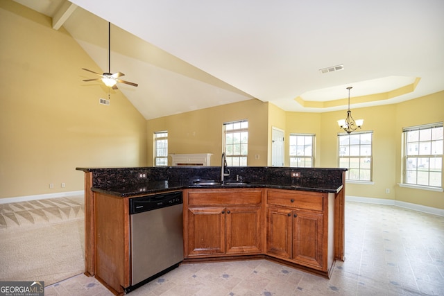 104 Hamilton Lake View Ct, Lagrange, GA 30241 - kitchen featuring dishwasher, a sink, open floor plan, a chandelier, and baseboards