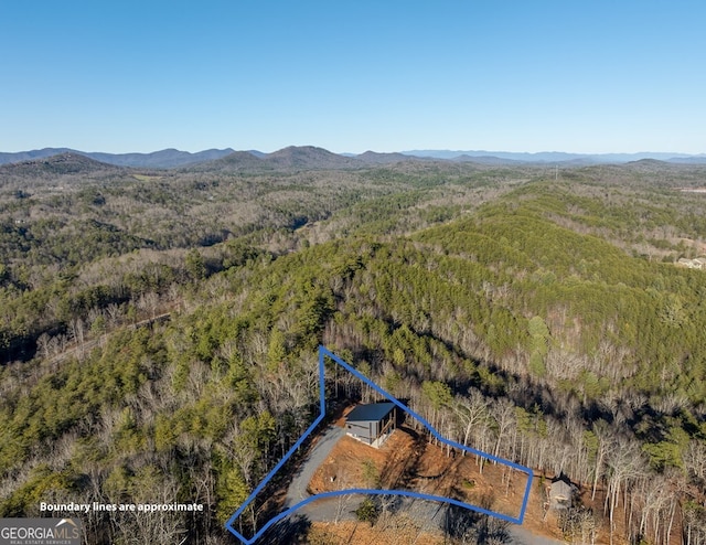 538 Mountain Laurel Rdg, Mineral Bluff, GA 30559 - aerial view of property and surrounding area with property parcel outlined, a heavily wooded area, and mountains