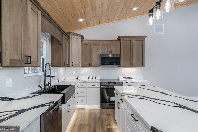 538 Mountain Laurel Rdg, Mineral Bluff, GA 30559 - kitchen with appliances with stainless steel finishes, wood ceiling, a sink, light stone counters, and wood finished floors