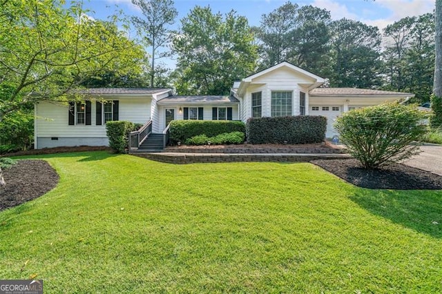 4458 Trickum Rd, Marietta, GA 30066 - view of front of property with a garage, a front lawn, concrete driveway, and crawl space