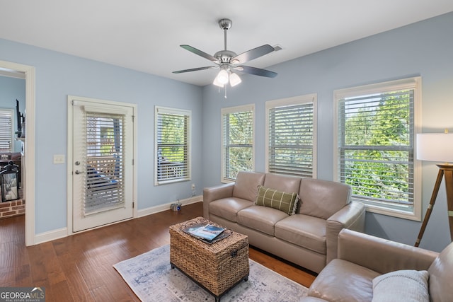 2245 Long Bow Chase, Kennesaw, GA 30144 - living area featuring baseboards, wood finished floors, and ceiling fan
