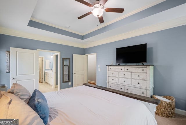 2245 Long Bow Chase, Kennesaw, GA 30144 - carpeted bedroom featuring ornamental molding, baseboards, connected bathroom, a ceiling fan, and a raised ceiling
