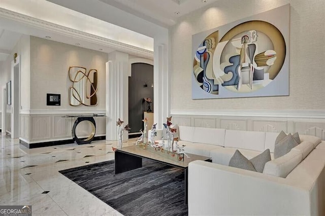 750 Park Ave NE Unit 6E, Atlanta, GA 30326 - living area with a decorative wall, marble tiled flooring, and a wainscoted wall