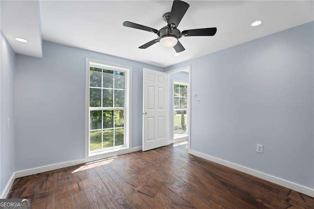 2158 Huckleberry Ln, Lithia Springs, GA 30122 - spare room with baseboards, hardwood / wood-style floors, recessed lighting, and a ceiling fan
