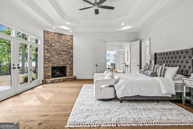 117 W View Way, Eatonton, GA 31024 - bedroom featuring access to exterior, recessed lighting, ornamental molding, wood finished floors, and a high ceiling