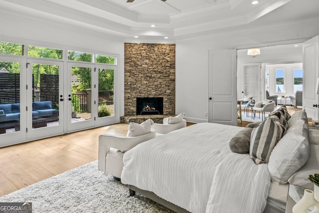 117 W View Way, Eatonton, GA 31024 - bedroom with crown molding, access to outside, recessed lighting, wood finished floors, and french doors