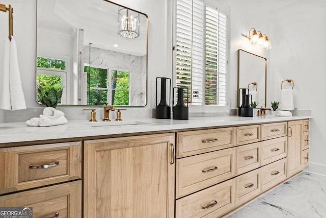 117 W View Way, Eatonton, GA 31024 - full bathroom with marble look tile flooring, double vanity, ornamental molding, a marble finish shower, and a chandelier