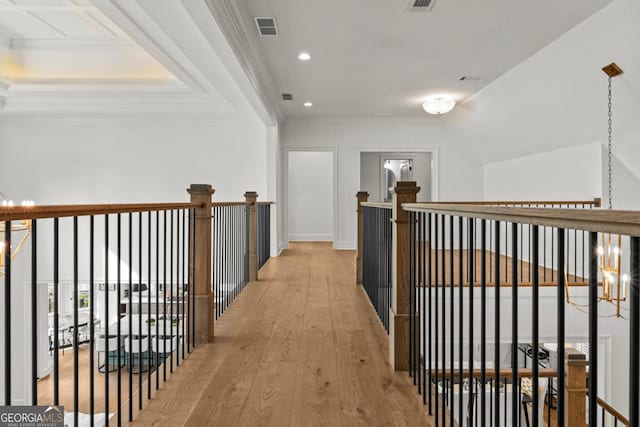 117 W View Way, Eatonton, GA 31024 - hall with light wood-style flooring, recessed lighting, crown molding, and an upstairs landing