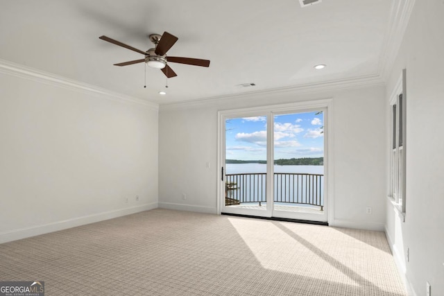 117 W View Way, Eatonton, GA 31024 - carpeted empty room featuring crown molding, ceiling fan, a water view, and recessed lighting