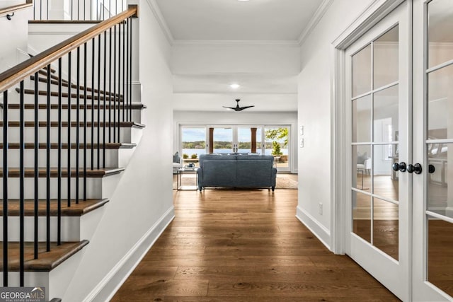 117 W View Way, Eatonton, GA 31024 - hallway with french doors, stairway, crown molding, wood-type flooring, and recessed lighting
