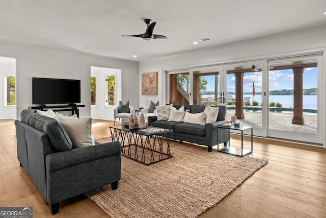 117 W View Way, Eatonton, GA 31024 - living area featuring a ceiling fan, ornamental molding, french doors, wood finished floors, and recessed lighting