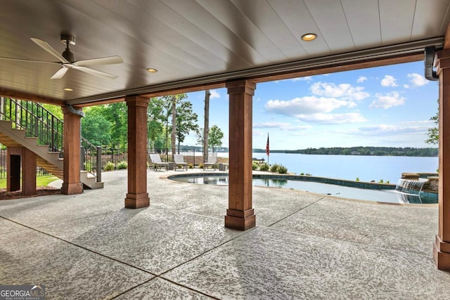117 W View Way, Eatonton, GA 31024 - view of patio featuring stairs, an outdoor pool, ceiling fan, and a water view