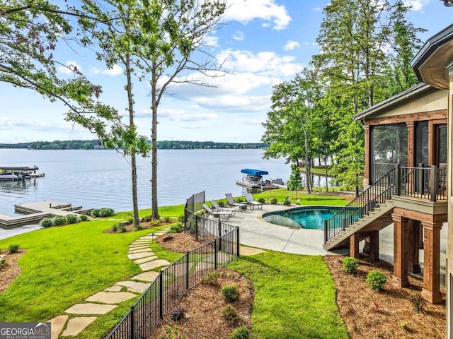 117 W View Way, Eatonton, GA 31024 - view of swimming pool with stairs, a water view, a sunroom, and a patio area