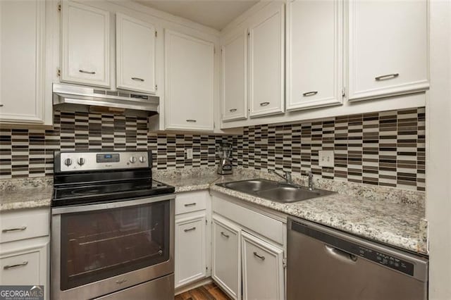 365 Winding River Dr Unit # E, Atlanta, GA 30350 - kitchen with appliances with stainless steel finishes, under cabinet range hood, a sink, and tasteful backsplash