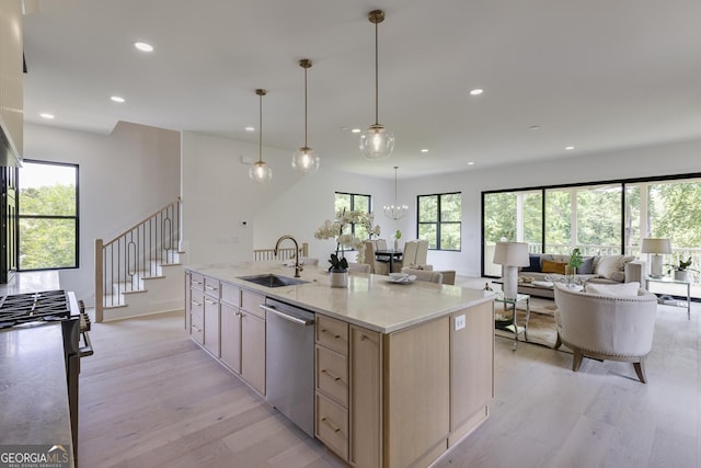 2745 S Bamby Ln NE, Brookhaven, GA 30319 - kitchen featuring stainless steel appliances, a sink, light wood-style floors, recessed lighting, and an island with sink
