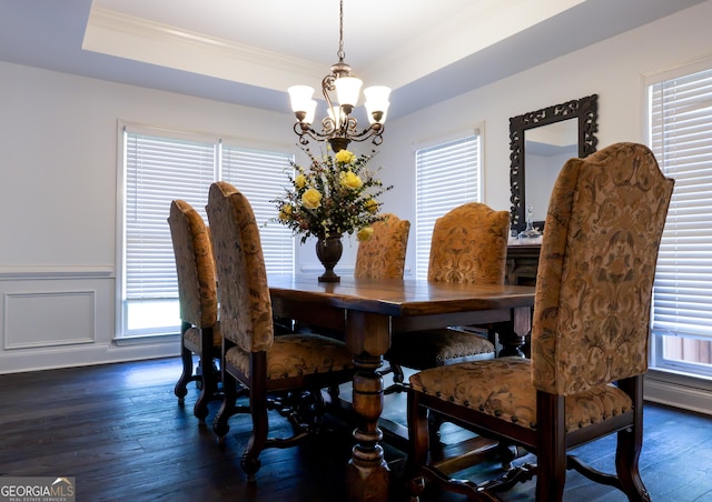 8035 Magnolia Way, Roswell, GA 30075 - dining area with a chandelier, ornamental molding, wood-type flooring, healthy amount of natural light, and wainscoting