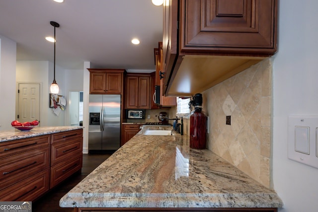 8035 Magnolia Way, Roswell, GA 30075 - kitchen featuring stainless steel appliances, backsplash, light stone counters, and recessed lighting