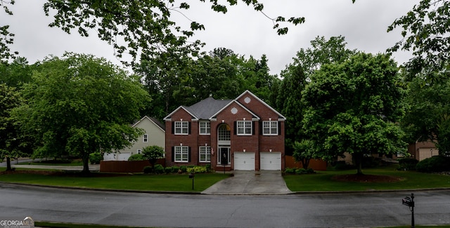 8035 Magnolia Way, Roswell, GA 30075 - view of front of property with concrete driveway, a garage, brick siding, and a front lawn