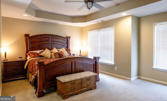 8035 Magnolia Way, Roswell, GA 30075 - bedroom with light carpet, a raised ceiling, recessed lighting, baseboards, and multiple windows