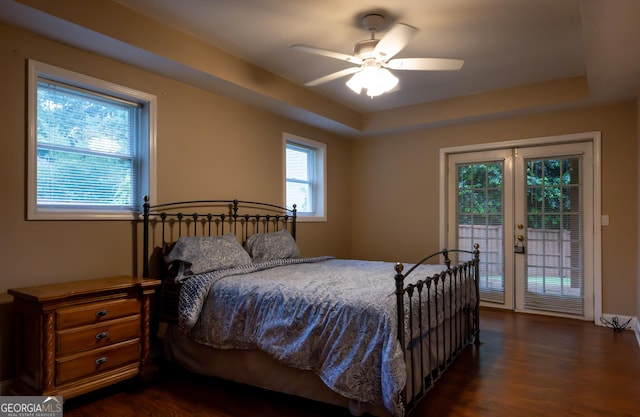 8035 Magnolia Way, Roswell, GA 30075 - bedroom featuring access to outside, dark wood-style flooring, ceiling fan, and a raised ceiling