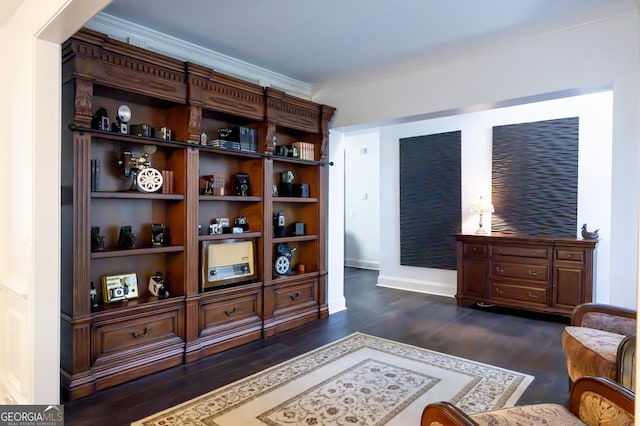 8035 Magnolia Way, Roswell, GA 30075 - living area featuring dark wood-type flooring, ornamental molding, and baseboards